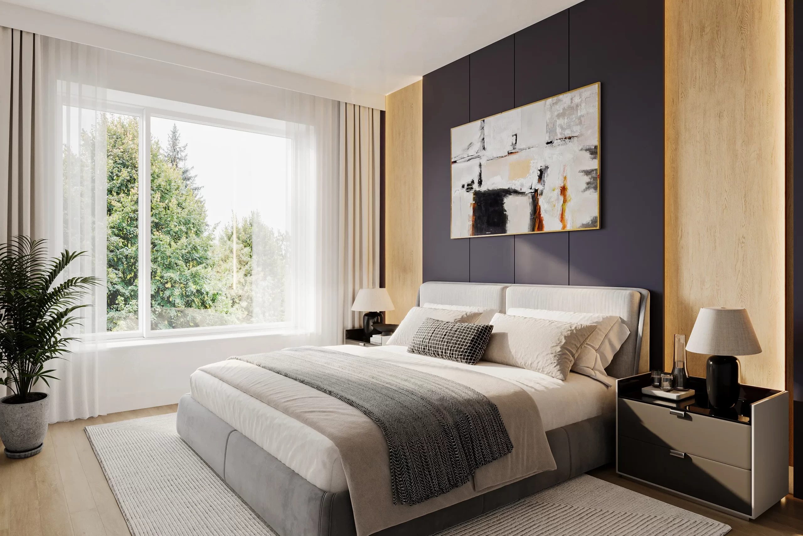 Vizualizace ložnice v Rezidenci Zahradní. Developerský projekt nových rodinných domů k prodeji v Líbeznicích.